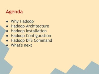 Agenda
● Why Hadoop
● Hadoop Architecture
● Hadoop Installation
● Hadoop Configuration
● Hadoop DFS Command
● What's next
 