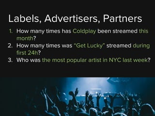 1. How many times has Coldplay been streamed this
month?
2. How many times was “Get Lucky” streamed during
first 24h?
3. W...