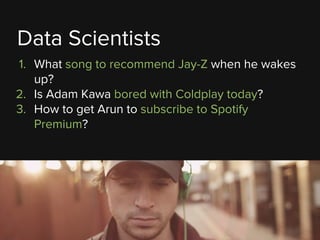 1. What song to recommend Jay-Z when he wakes
up?
2. Is Adam Kawa bored with Coldplay today?
3. How to get Arun to subscri...