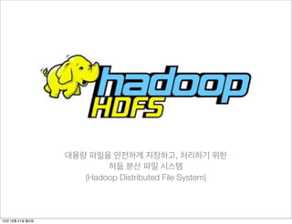 대용량 파일을 안전하게 저장하고, 처리하기 위한
하둡 분산 파일 시스템
(Hadoop Distributed File System)

13년 10월 21일 월요일

 