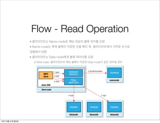 Flow - Read Operation
• 클라이언트는 Name-node로 해당 파일의 블록 위치를 요청
• Name-node는 복제 블록이 저장된 곳을 확인 후, 클라이언트에서 가까운 순서로
정렬해서 반환
• 클라이언트는 Data-node에게 블록 데이터를 요청
✓ Best case: 클라이언트와 해당 블록이 저장된 Data-node가 같은 장비일 경우

13년 10월 21일 월요일

 