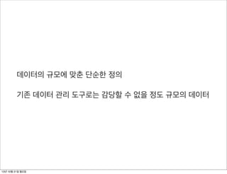 데이터의 규모에 맞춘 단순한 정의
기존 데이터 관리 도구로는 감당할 수 없을 정도 규모의 데이터

13년 10월 21일 월요일

 