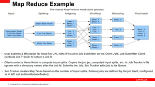 Copyright © 2014, Oracle and/or its affiliates. All rights reserved.10
Map Reduce Example
• User submits a MR job/jar for input file URL hdfs://File.txt to Job Submitter on the Client JVM. Job Submitter Client
contacts Job Tracker to obtain a Job Id
• Job Tracker creates Map Tasks based on the number of input splits. Reduce jobs are defined by the job itself, configured
or in API call setNumReduceTasks()
• Client contacts Name Node to compute input splits. Copies the job jar, computed input splits, etc. to Job Tracker’s file
system with a directory named after the Job Id. Submits the Job. Job Tracker adds job to its Queue.
 
