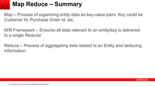 Copyright © 2014, Oracle and/or its affiliates. All rights reserved.13
Map Reduce – Summary
Map – Process of organizing entity data as key-value pairs. Key could be
Customer Id, Purchase Order Id, etc.
M/R Framework – Ensures all data relevant to an entity/key is delivered
to a single Reducer
Reduce – Process of aggregating data related to an Entity and deducing
information.
 