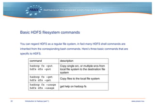 22 www.prace-ri.euIntroduction to Hadoop (part 1)
Basic HDFS filesystem commands
You can regard HDFS as a regular file system, in fact many HDFS shell commands are
inherited from the corresponding bash commands. Here’s three basic commands that are
specific to HDFS.
command description
hadoop fs –put
hdfs dfs –put
Copy single src, or multiple srcs from
local file system to the destination file
system
hadoop fs -get
hdfs dfs -get
Copy files to the local file system
hadoop fs -usage
hdfs dfs -usage
get help on hadoop fs
 
