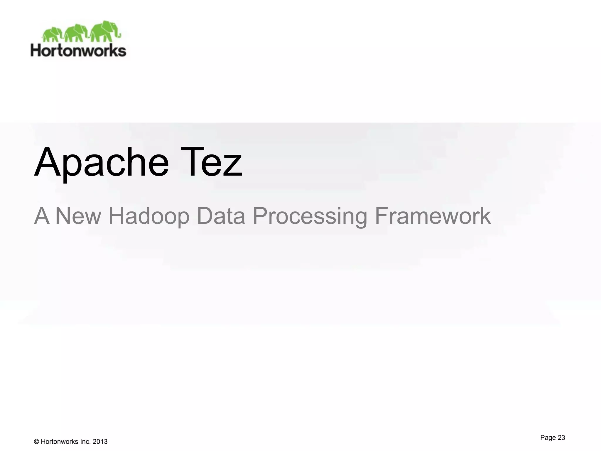 Apache Tez
A New Hadoop Data Processing Framework

© Hortonworks Inc. 2013

Page 23

 