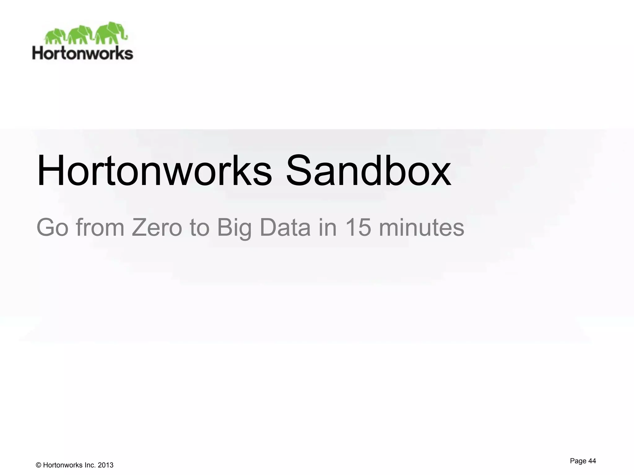 Hortonworks Sandbox
Go from Zero to Big Data in 15 minutes

© Hortonworks Inc. 2013

Page 44

 