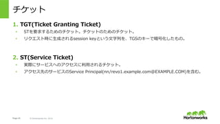 Page 43 © Hortonworks Inc. 2014
チケットについての補足
チケットの持つメタ情報:
•  利⽤スコープについてのフラグ
•  Lifetime, Forwardable, Renewable (max renew lifetime)
•  フィールド
•  Requesting Principal Name
•  Service Principal Name
•  Validity Period
•  Session key
発⾏されたチケットはクライアントにキャッシュされる。
 