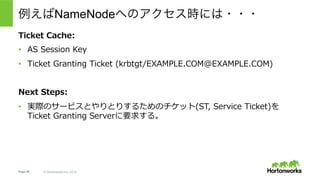 Page 48 © Hortonworks Inc. 2014
1.  クライアント: TGS requestを準備
•  TGS Request – 下記を含む:
•  利⽤したいサービスのService Principle（の名前）。
•  Ticket Granting Ticket (TGT)
•  Authenticator – タイムスタンプをsession keyで暗号化したもの。リプレイ攻撃を防ぐためと、ASとの共有
鍵を持っていることを証明するために使われる。
2.  TGS: TGS reply – TGS Session Keyを⽣成し、やはり２つのコピーをつ
くる。１つはクライアント⽤にAS Session Keyで暗号化。もうひとつは
サービス⽤にそのサービスのパスワードで暗号化し、Service Ticketに埋め
込む。そしてリプライ全体はAS Session Keyで暗号化する。
3.  クライアント: TGS replyを処理 – AS Session Keyを使ってメッセージを
復号化。TGS Session KeyとService Ticketをticket cacheに保存する。
例えばNameNodeへのアクセス時には・・・
※これはKerberosの仕組みを説明するために簡略化されたワークフロー。
 実際にHadoopの実装利⽤される際には若⼲の際があるので注意。詳細は後述。
 