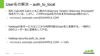 Page 57 © Hortonworks Inc. 2014
Auth To Local Rules
RULE:[1:$1@$0](ambari-qa-HDP1@HORTONWORKS.LOCAL)s/.*/ambari-qa/	
RULE:[1:$1@$0](hbase-HDP1@HORTONWORKS.LOCAL)s/.*/hbase/	
RULE:[1:$1@$0](hdfs-HDP1@HORTONWORKS.LOCAL)s/.*/hdfs/	
RULE:[1:$1@$0](.*@HORTONWORKS.LOCAL)s/@.*//	
RULE:[2:$1@$0](amshbase@HORTONWORKS.LOCAL)s/.*/ams/	
RULE:[2:$1@$0](amszk@HORTONWORKS.LOCAL)s/.*/ams/	
RULE:[2:$1@$0](dn@HORTONWORKS.LOCAL)s/.*/hdfs/	
RULE:[2:$1@$0](hbase@HORTONWORKS.LOCAL)s/.*/hbase/	
RULE:[2:$1@$0](hive@HORTONWORKS.LOCAL)s/.*/hive/	
 