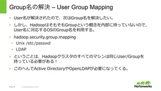 Page 59 © Hortonworks Inc. 2014
User/Groupを統⼀管理するためのツール
Open Source:
•  SSSD
•  pam_ldap/pam_kerberos
Commercial:
•  Centrify
•  QAS
 