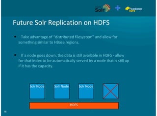 16
Future&Solr&Replication&on&HDFS
Take&advantage&of&“distributed&filesystem”&and&allow&for
something&similar&to&HBase&regions.
If&a&node&goes&down,&the&data&is&still&available&in&HDFS&D&allow
for&that&index&to&be&automatically&served&by&a&node&that&is&still&up
if&it&has&the&capacity.
•
•
Solr&Node Solr&Node Solr&Node
HDFS
 