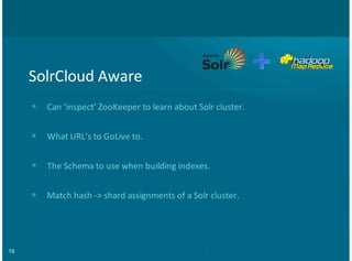 19
SolrCloud(Aware
Can(‘inspect’(ZooKeeper(to(learn(about(Solr(cluster.
What(URL’s(to(GoLive(to.
The(Schema(to(use(when(building(indexes.
Match(hash(E>(shard(assignments(of(a(Solr(cluster.
•
•
•
•
 