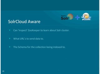 23
SolrCloud(Aware
Can(‘inspect’(ZooKeeper(to(learn(about(Solr(cluster.
What(URL’s(to(send(data(to.
The(Schema(for(the(collection(being(indexed(to.
•
•
•
 