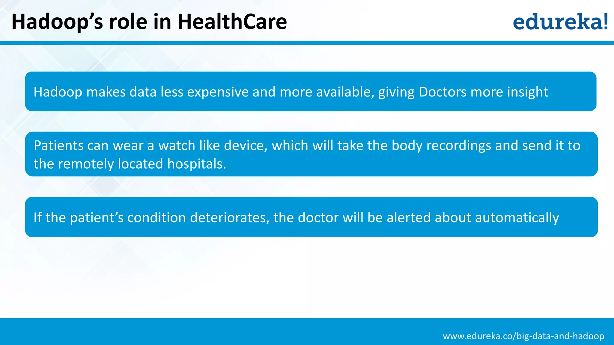 www.edureka.co/big-data-and-hadoop
Hadoop’s role in HealthCare
Hadoop makes data less expensive and more available, giving Doctors more insight
If the patient’s condition deteriorates, the doctor will be alerted about automatically
Patients can wear a watch like device, which will take the body recordings and send it to
the remotely located hospitals.
 