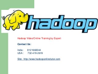 Hadoop Video/Online Training by Expert
Contact Us:
India: 8121660044
USA : 732-419-2619
Site: http://www.hadooponlinetutor.com
 