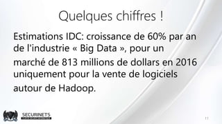 Quelques chiffres !
Estimations IDC: croissance de 60% par an
de l'industrie « Big Data », pour un
marché de 813 millions de dollars en 2016
uniquement pour la vente de logiciels
autour de Hadoop.
11
 