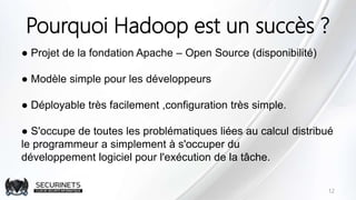 Pourquoi Hadoop est un succès ?
● Projet de la fondation Apache – Open Source (disponibilité)
● Modèle simple pour les développeurs
● Déployable très facilement ,configuration très simple.
● S'occupe de toutes les problématiques liées au calcul distribué
le programmeur a simplement à s'occuper du
développement logiciel pour l'exécution de la tâche.
12
 