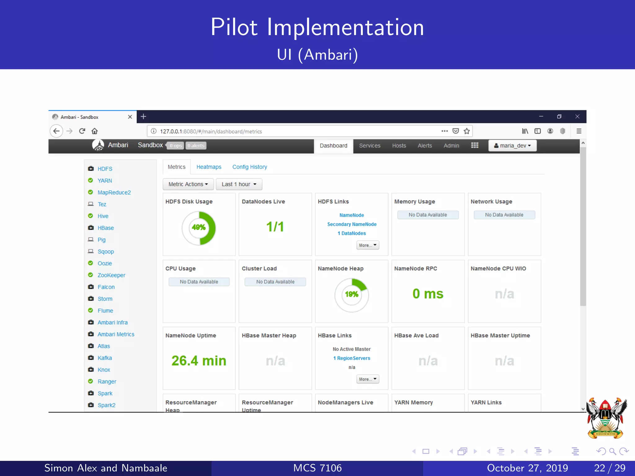 Pilot Implementation
UI (Ambari)
Simon Alex and Nambaale MCS 7106 October 27, 2019 22 / 29
 