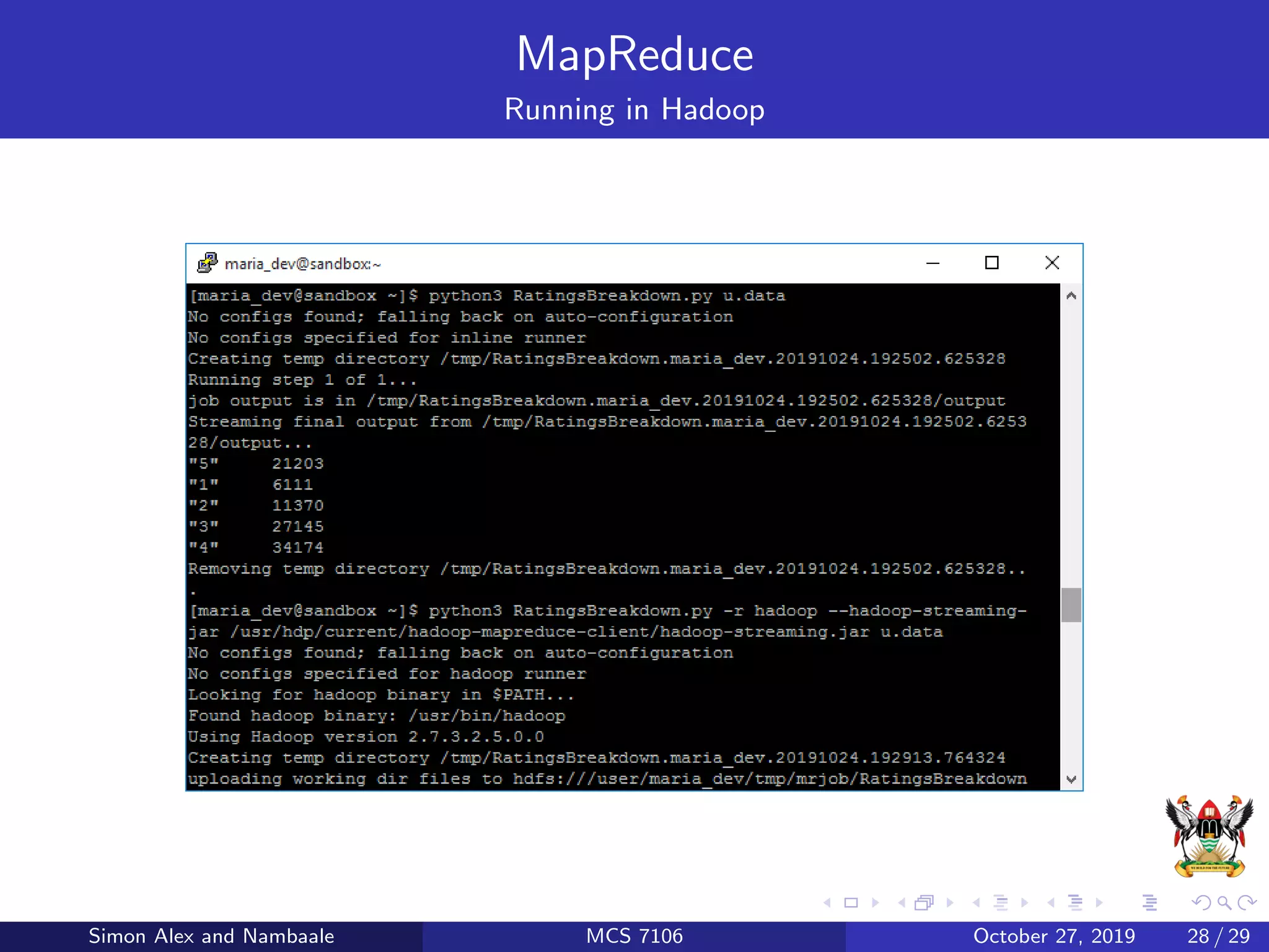 MapReduce
Running in Hadoop
Simon Alex and Nambaale MCS 7106 October 27, 2019 28 / 29
 