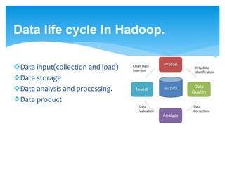 Data life cycle In Hadoop. 
Data input(collection and load) 
Data storage 
Data analysis and processing. 
Data product 
 