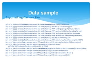 Data sample 
Exported log-file look like: 
2013-01-21T13:39:51+01:00 buffalo hostapd: wlan0: STA 10:68:3f:40:xx:yy WPA: start authentication 
2013-01-21T13:39:51+01:00 buffalo hostapd: wlan0: STA 10:68:3f:40:xx:yy IEEE 802.1X: unauthorizing port 
2013-01-21T13:39:51+01:00 buffalo hostapd: wlan0: STA 10:68:3f:40:xx:yy WPA: sending 1/4 msg of 4-Way Handshake 
2013-01-21T13:39:51+01:00 buffalo hostapd: wlan0: STA 10:68:3f:40:xx:yy WPA: received EAPOL-Key frame (2/4 Pairwise) 
2013-01-21T13:39:51+01:00 buffalo hostapd: wlan0: STA 10:68:3f:40:xx:yy WPA: sending 3/4 msg of 4-Way Handshake 
2013-01-21T13:39:51+01:00 buffalo hostapd: wlan0: STA 10:68:3f:40:xx:yy WPA: received EAPOL-Key frame (4/4 Pairwise) 
2013-01-21T13:39:51+01:00 buffalo hostapd: wlan0: STA 10:68:3f:40:xx:yy IEEE 802.1X: authorizing port 
2013-01-21T13:39:51+01:00 buffalo hostapd: wlan0: STA 10:68:3f:40:xx:yy WPA: pairwise key handshake completed (RSN) 
2013-01-21T13:41:25+01:00 fonera hostapd: wlan0: STA 24:ab:81:91:xx:yy IEEE 802.11: authentication OK (open system) 
2013-01-21T13:41:25+01:00 fonera hostapd: wlan0: STA 24:ab:81:91:xx:yy MLME: MLME-AUTHENTICATE. 
indication(24:ab:81:91:c8:62, OPEN_SYSTEM) 
2013-01-21T13:41:25+01:00 fonera hostapd: wlan0: STA 24:ab:81:91:xx:yy MLME: MLME-DELETEKEYS.request(24:ab:81:91:c8:62) 
2013-01-21T13:41:25+01:00 fonera hostapd: wlan0: STA 24:ab:81:91:xx:yy IEEE 802.11: authenticated 
2013-01-21T13:41:25+01:00 fonera hostapd: wlan0: STA 24:ab:81:91:xx:yy IEEE 802.11: association OK (aid 1) 
2013-01-21T13:41:25+01:00 fonera hostapd: wlan0: STA 24:ab:81:91:xx:yy IEEE 802.11: associated (aid 1) 
 