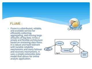 FLUME : 
 Flume is a distributed, reliable, 
and available service for 
efficiently collecting, 
aggregating, and moving large 
amounts of log data. It has a 
simple and flexible architecture 
based on streaming data flows. 
It is robust and fault tolerant 
with tunable reliability 
mechanisms and many failover 
and recovery mechanisms. It 
uses a simple extensible data 
model that allows for online 
analytic application. 
 