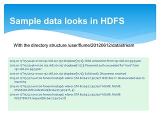 Sample data looks in HDFS 
With the directory structure /user/flume/20120612/datastream 
2013-01-17T15:50:41+01:00 192.168.201.197 dropbear[1172]: Child connection from 192.168.201.99:55001 
2013-01-17T15:50:46+01:00 192.168.201.197 dropbear[1172]: Password auth succeeded for 'root' from 
192.168.201.99:55001 
2013-01-17T15:50:52+01:00 192.168.201.197 dropbear[1172]: Exit (root): Disconnect received 
2013-01-17T15:52:14+01:00 fonera hostapd: wlan0: STA 8c:64:22:3a:74:1f IEEE 802.11: disassociated due to 
inactivity 
2013-01-17T15:52:14+01:00 fonera hostapd: wlan0: STA 8c:64:22:3a:74:1f MLME: MLME-DISASSOCIATE. 
indication(8c:64:22:3a:74:1f, 4) 
2013-01-17T15:52:14+01:00 fonera hostapd: wlan0: STA 8c:64:22:3a:74:1f MLME: MLME-DELETEKEYS. 
request(8c:64:22:3a:74:1f) 
 