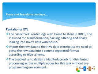 Parse and Transform continue… 
Pentaho for ETL 
The collect WiFi router logs with Flume to store in HDFS, The 
PDI used for transformation, parsing, filtering and finally 
loading into Hive’s data warehouse. 
Import the raw data to the Hive data warehouse we need to 
parse the raw data into a comma separated format 
according to Hive scheme. 
The enabled us to design a MapReduce job for distributed 
processing across multiple nodes for this task without any 
programming environment. 
 