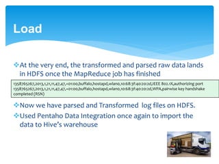 Load 
At the very end, the transformed and parsed raw data lands 
in HDFS once the MapReduce job has finished 
1358765267,2013,1,21,11,47,47,+01:00,buffalo,hostapd,wlan0,10:68:3f:40:20:2d,IEEE 802.1X,authorizing port 
1358765267,2013,1,21,11,47,47,+01:00,buffalo,hostapd,wlan0,10:68:3f:40:20:2d,WPA,pairwise key handshake 
completed (RSN) 
Now we have parsed and Transformed log files on HDFS. 
Used Pentaho Data Integration once again to import the 
data to Hive’s warehouse 
 