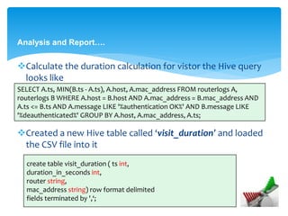 Analysis and Report…. 
Calculate the duration calculation for vistor the Hive query 
looks like 
SELECT A.ts, MIN(B.ts - A.ts), A.host, A.mac_address FROM routerlogs A, 
routerlogs B WHERE A.host = B.host AND A.mac_address = B.mac_address AND 
A.ts <= B.ts AND A.message LIKE '%authentication OK%' AND B.message LIKE 
'%deauthenticated%' GROUP BY A.host, A.mac_address, A.ts; 
Created a new Hive table called ‘visit_duration’ and loaded 
the CSV file into it 
create table visit_duration ( ts int, 
duration_in_seconds int, 
router string, 
mac_address string) row format delimited 
fields terminated by ',‘; 
 