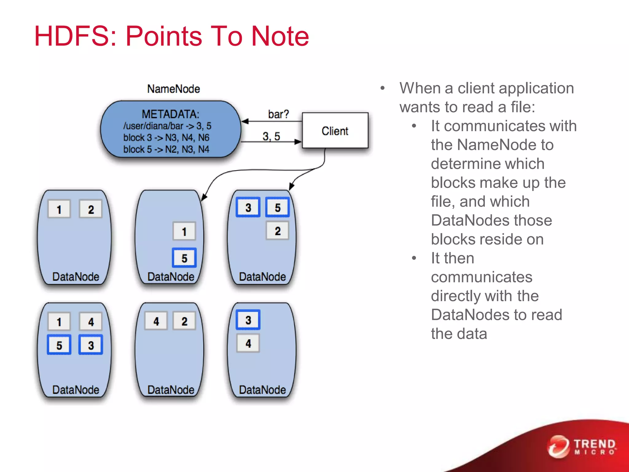 HDFS: Points To Note
                       • When a client application
                         wants to read a file:
                          • It communicates with
                             the NameNode to
                             determine which
                             blocks make up the
                             file, and which
                             DataNodes those
                             blocks reside on
                          • It then
                             communicates
                             directly with the
                             DataNodes to read
                             the data
 