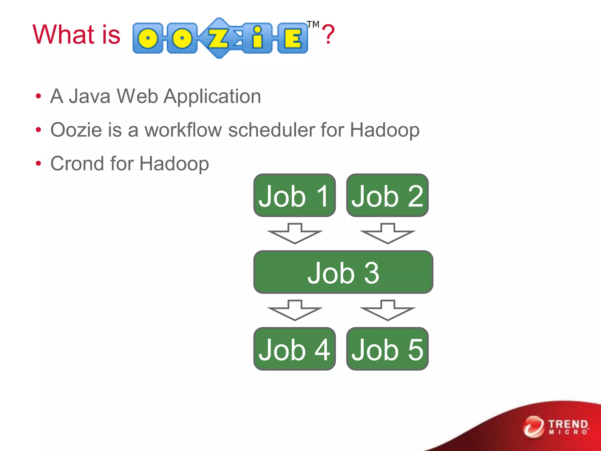 What is                       ?

• A Java Web Application
• Oozie is a workﬂow scheduler for Hadoop
• Crond for Hadoop
                       Job 1 Job 2

                            Job 3

                       Job 4 Job 5
 
