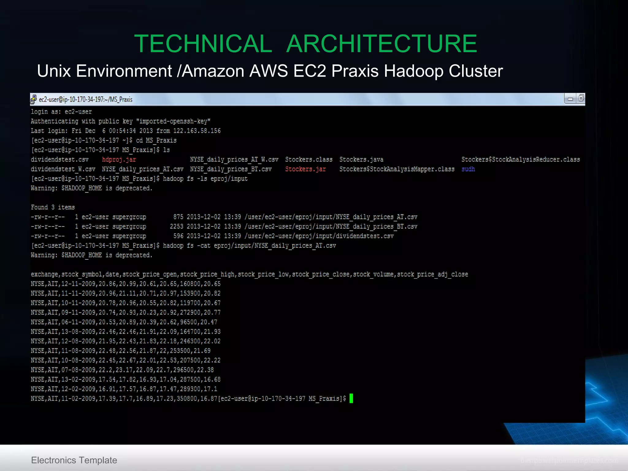 TECHNICAL ARCHITECTURE

Unix Environment /Amazon AWS EC2 Praxis Hadoop Cluster

Electronics Template

 