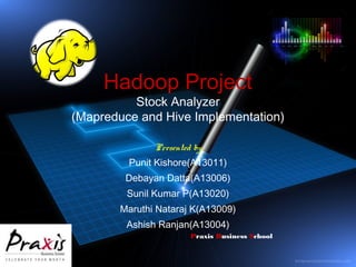 Hadoop Project

Stock Analyzer
(Mapreduce and Hive Implementation)
Presented by
Punit Kishore(A13011)
Debayan Datta(A13006)
Sunil Kumar P(A13020)
Maruthi Nataraj K(A13009)
Ashish Ranjan(A13004)
Praxis Business School

 
