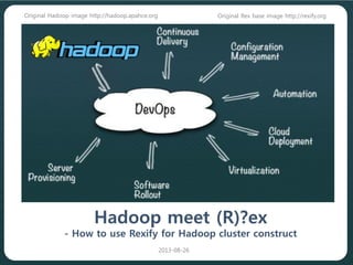 Hadoop meet (R)?ex
- How to use Rexify for Hadoop cluster construct
Original Rex base image http://rexify.org
2013-08-26
Original Hadoop image http://hadoop.apahce.org
 