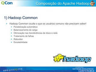 14
Composição do Apache Hadoop
1) Hadoop Common
Hadoop Common oculta o que os usuários comuns não precisam saber!
Paralelização automática
Balanceamento de carga
Otimização nas transferências de disco e rede
Tratamento de falhas
Robustez
Escalabilidade
 
