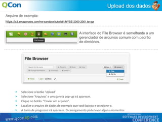 28
Upload dos dados
https://s3.amazonaws.com/hw-sandbox/tutorial1/NYSE-2000-2001.tsv.gz
A interface do File Browser é semelhante a um
gerenciador de arquivos comum com padrão
de diretórios.
Arquivo de exemplo:
Selecione o botão ‘Upload'
Selecione 'Arquivos' e uma janela pop-up irá aparecer.
Clique no botão: "Enviar um arquivo".
Localize o arquivo de dados de exemplo que você baixou e selecione-o.
A barra de progresso irá aparecer. O carregamento pode levar alguns momentos.
 