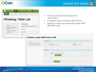30
Upload dos dados
Preencha o campo Nome da tabela com
"nyse_stocks".
Em seguida, clique no botão Escolher arquivo.
Selecione o arquivo que acabou de carregar 'NYSE-
2000-2001.tsv.gz.
 