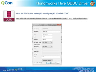 45
Hortonworks Hive ODBC Driver
Guia em PDF com a instalação e configuração do driver ODBC
http://hortonworks.com/wp-content/uploads/2013/04/Hortonworks-Hive-ODBC-Driver-User-Guide.pdf
 