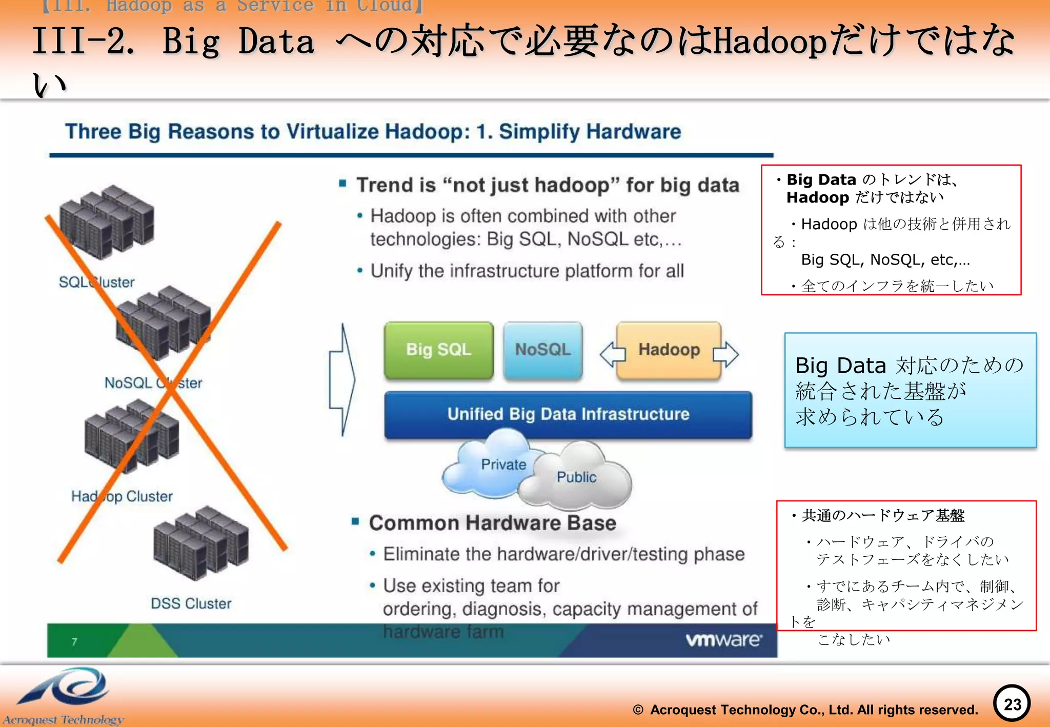 【III. Hadoop as a Service in Cloud】
III-2. Big Data への対応で必要なのはHadoopだけではな
い

                                                           ・Big Data のトレンドは、
                                                            Hadoop だけではない
                                                            ・Hadoop は他の技術と併用され
                                                           る：
                                                             Big SQL, NoSQL, etc,…
                                                             ・全てのインフラを統一したい




                                                              Big Data 対応のための
                                                              統合された基盤が
                                                              求められている



                                                             ・共通のハードウェア基盤
                                                               ・ハードウェア、ドライバの
                                                                テストフェーズをなくしたい
                                                              ・すでにあるチーム内で、制御、
                                                               診断、キャパシティマネジメン
                                                             トを
                                                               こなしたい



                                      © Acroquest Technology Co., Ltd. All rights reserved.   23
 