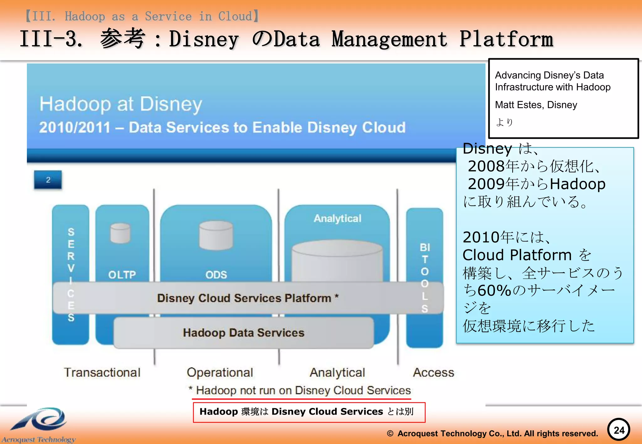 【III. Hadoop as a Service in Cloud】
III-3. 参考：Disney のData Management Platform
                                                                                   Advancing Disney’s Data
                                                                                   Infrastructure with Hadoop
                                                                                   Matt Estes, Disney
                                                                                   より

                                                                          Disney は、
                                                                          2008年から仮想化、
                                                                          2009年からHadoop
                                                                          に取り組んでいる。

                                                                          2010年には、
                                                                          Cloud Platform を
                                                                          構築し、全サービスのう
                                                                          ち60%のサーバイメー
                                                                          ジを
                                                                          仮想環境に移行した




                         Hadoop 環境は Disney Cloud Services とは別

                                                        © Acroquest Technology Co., Ltd. All rights reserved.   24
 