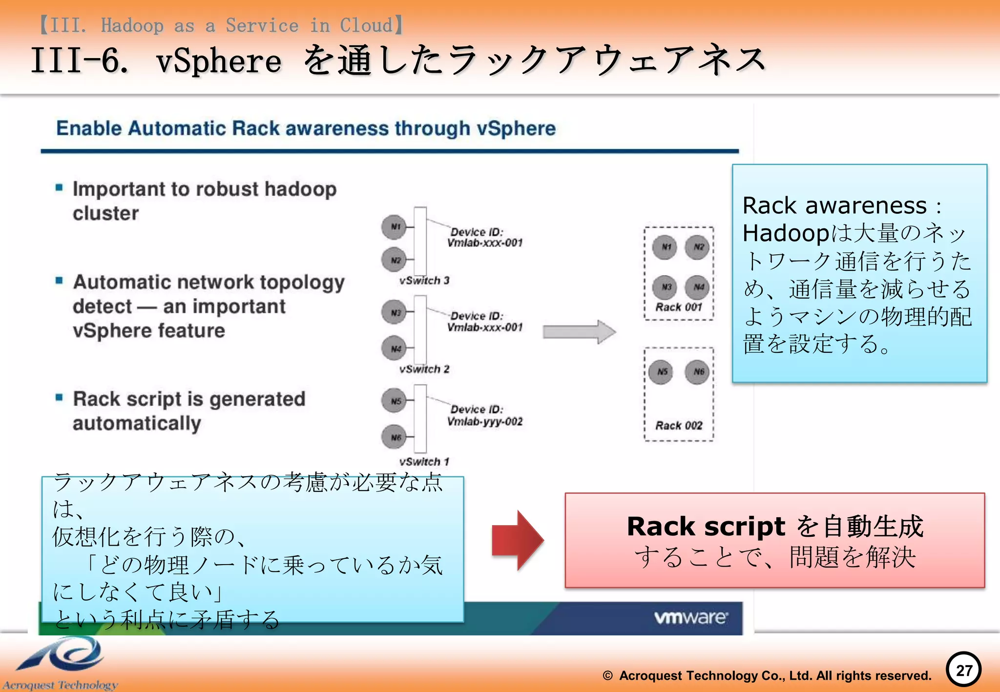【III. Hadoop as a Service in Cloud】
III-6. vSphere を通したラックアウェアネス


                                                            Rack awareness：
                                                            Hadoopは大量のネッ
                                                            トワーク通信を行うた
                                                            め、通信量を減らせる
                                                            ようマシンの物理的配
                                                            置を設定する。




  ラックアウェアネスの考慮が必要な点
  は、
  仮想化を行う際の、                              Rack script を自動生成
   「どの物理ノードに乗っているか気                      することで、問題を解決
  にしなくて良い」
  という利点に矛盾する

                                      © Acroquest Technology Co., Ltd. All rights reserved.   27
 