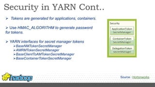  Tokens are generated for applications, containers.
 Use HMAC_ALGORITHM to generate password
for tokens.
 YARN interfaces for secret manager tokens
BaseNMTokenSecretManager
AMRMTokenSecretManager
BaseClientToAMTokenSecretManager
BaseContainerTokenSecretManager
Source : Hortonworks
 