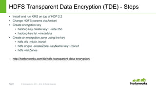 Page54 © Hortonworks Inc. 2011 – 2014. All Rights Reserved
HDFS Transparent Data Encryption (TDE) - Steps
• Install and ru...