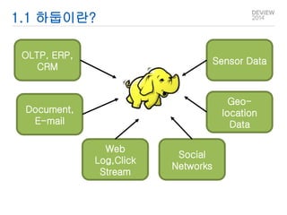 1.1 하둡이란? 
OLTP, ERP, 
CRM 
Document, 
E-mail 
Web 
Log,Click 
Stream 
Social 
Networks 
Sensor Data 
Geo-location 
Data 
 
