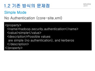1.2 기존 방식의 문제점 
Simple Mode 
No Authentication (core-site.xml) 
<property> 
<name>hadoop.security.authentication</name> 
<value>simple</value> 
<description>Possible values 
are simple (no authentication), and kerberos 
</description> 
</property> 
 