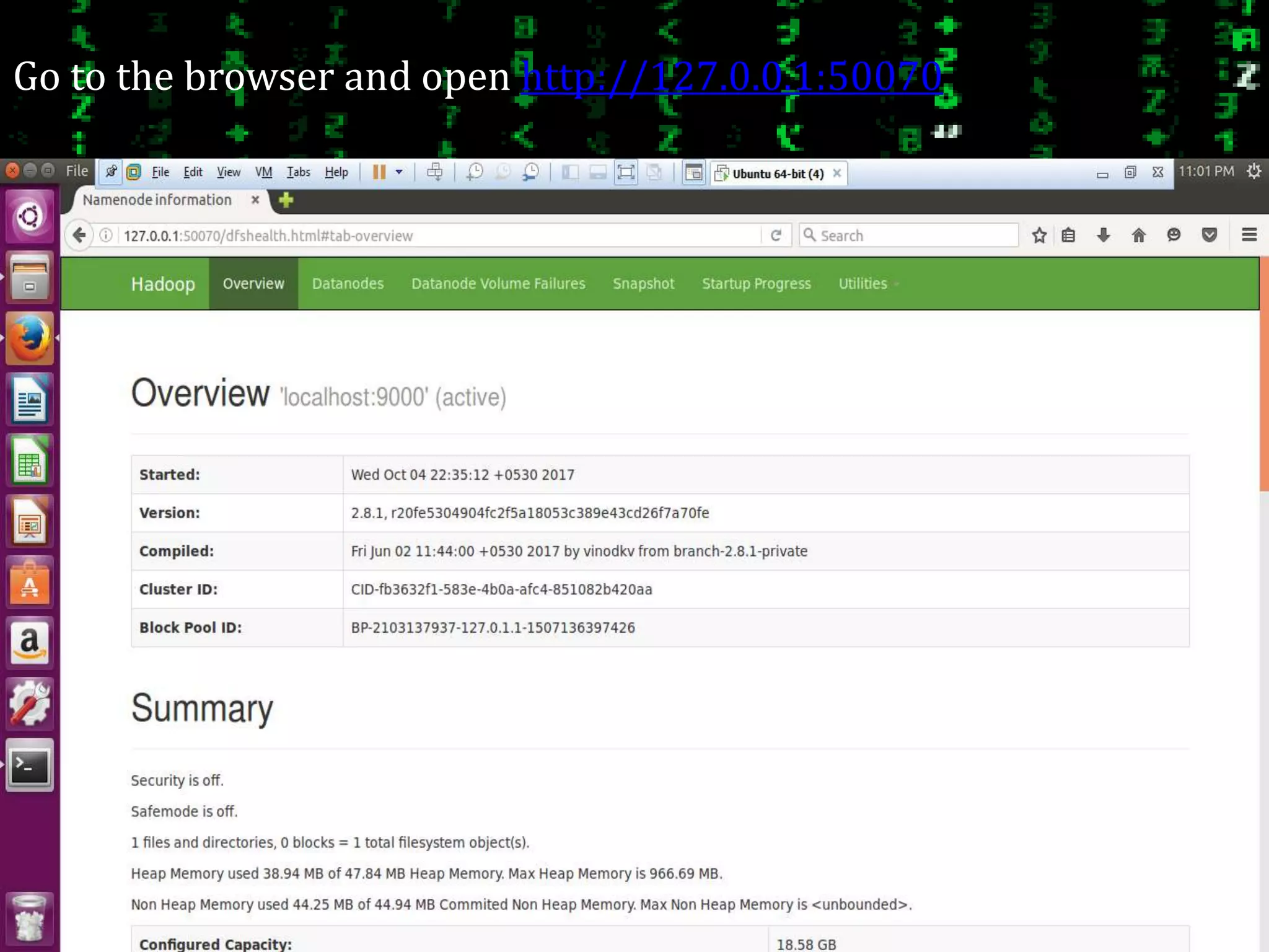 Go to the browser and open http://127.0.0.1:50070
 