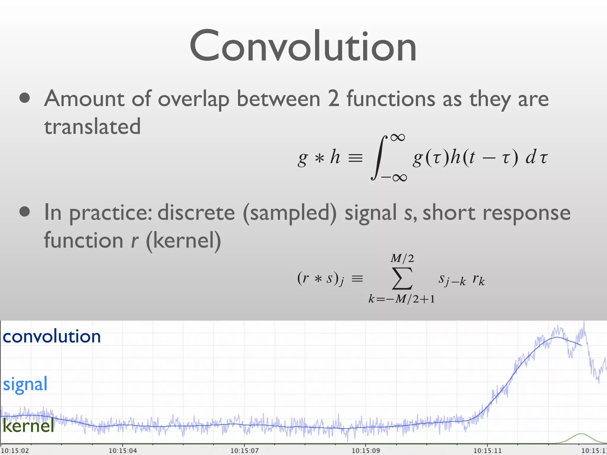 2 if0 t
                        h.t / e               ” H.f                 f /              frequency shiftin
                  Figure 13.1.2. Convolution of discretely sampled functions. Note how the response function fo
                                                                       0

                              Convolution
                  times is wrapped around and stored at the extreme right end of the array rk .
               With two functions h.t / and g.t /, and their corresponding
          H.f / and G.f /, we can form two combinations of special intere
  •   Amount of Example: Abetween g functions 1asbyall other rk ’s equal
          of the two functions, denoted 2 h, is r0 D and
                      overlap response function with deﬁned they are
      translatedjust the identity ﬁlter. Convolution Zis1signal with this response functio
                is                                      of a
                identically the signal. Another example the response function with r14 D
                                                  hÁ
                all other rk ’s equal to zero.gThis produces convolved output / d is the inpu
                                                               g. /h.t        that
                                                         1
               multiplied by 1:5 and delayed by 14 sample intervals.

  • In
                    Evidently, we have just described in words the following deﬁnition of
         practice: discrete a(sampled) theof ﬁnitedomain M : that g h D
          Note convolution witha function in signal s,duration and
               that g h is response function time short response
           that the function g            h is one member of a simple transform pair,
      function r (kernel)
                                                                    M=2
                                                                     X
                             g     h ” G.f /H.f /
                                        .r s/j Á                          convolution theorem
                                                                            sj k rk
                                                                kD M=2C1
         In other words, the Fourier transform of the convolution is just
         individual Fourier transforms.
convolution If a discrete response function is nonzero only in some range M=2 < k Ä
              The correlation of two functions, denoted Corr.g; h/, is deﬁ
              where M is a sufﬁciently large even integer, then the response function is
signal        ﬁnite impulse response (FIR), and its duration is M . (Notice that we are deﬁ
                                                          Z 1
              as the number of nonzero values of rk ; these values span a time interval of
                                        Corr.g; circumstances the C t /h. / d is the
              sampling times.) In most practicalh/ Á            g. case of ﬁnite M
kernel        interest, either because the response really has1ﬁnite duration, or because we
                                                              a
 