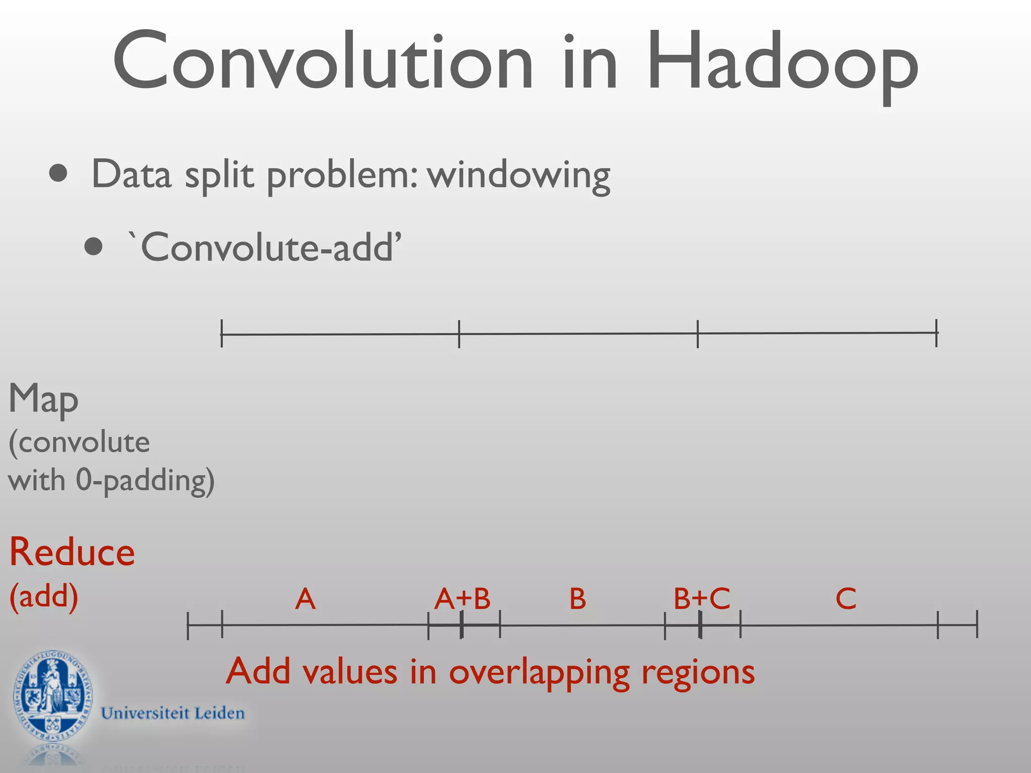 Convolution in Hadoop
  • Data split problem: windowing
   • `Convolute-add’
Map
(convolute
with 0-padding)

Reduce
(add)                 A       A+B      B     B+C      C

                  Add values in overlapping regions
 